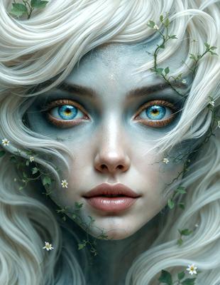 The primary subject of the image is a woman with white hair and blue eyes. She is wearing makeup and has a flower in her hair. The setting is a garden, with greenery and flowers surrounding her. The visual style is a digital art or illustration, creating a surreal and artistic atmosphere. The colors are predominantly white and blue, with the blue eyes and flowers adding a touch of vibrancy to the scene.
